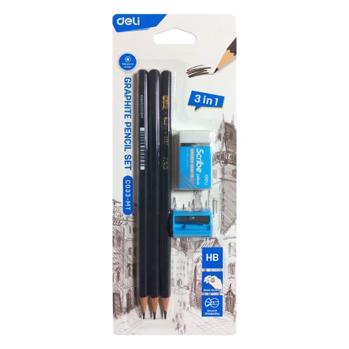 Wood Pencil Set Ref EC033-MT
HB Pencil, Sharpener & Eraser
Deli