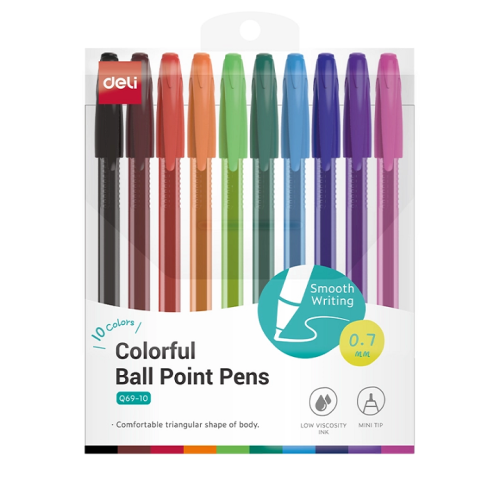 Ball Pen Q69-10
07mm:10 colors
Deli