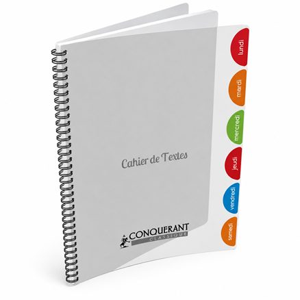 Cahier de Textes Ref 400037799
17x22cm, 124pgs/62sheets, 90g, colorless
Conquerant